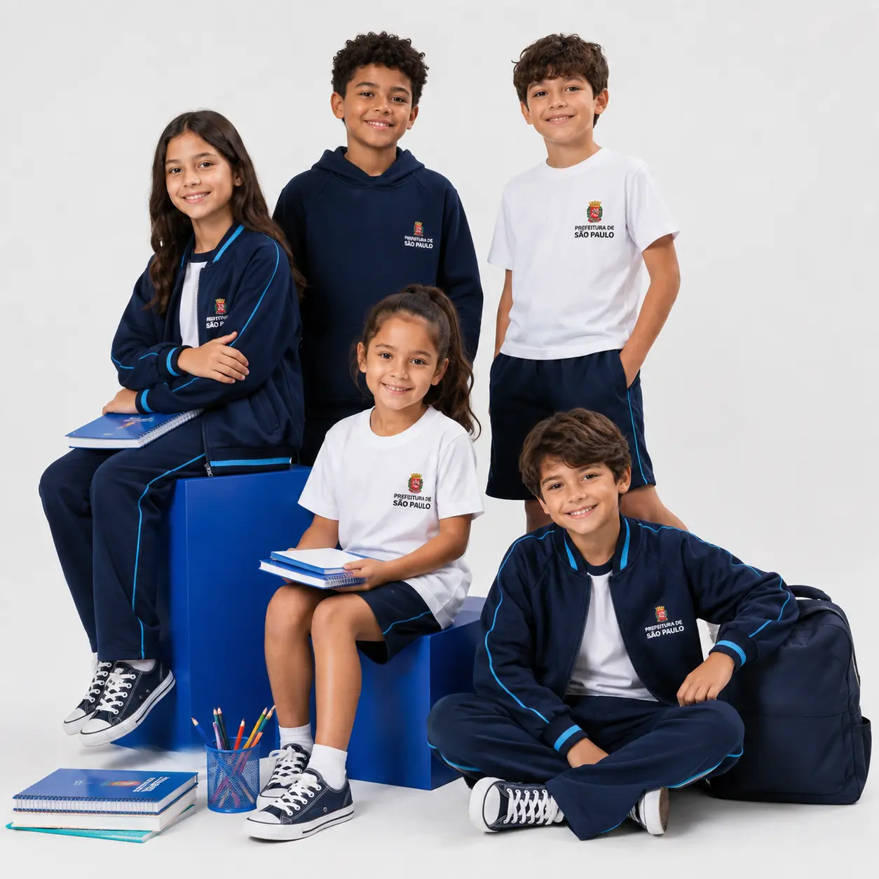 Crianças usando uniformes escolares da Prefeitura de São Paulo