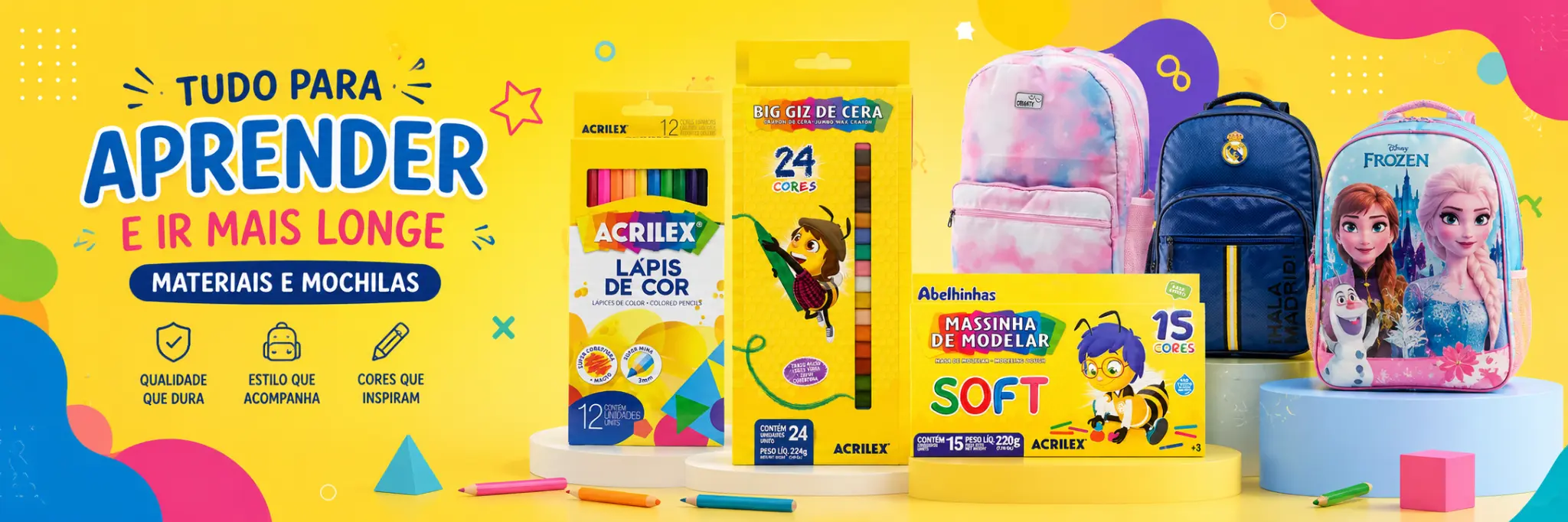 Materiais escolares e mochilas para a volta às aulas